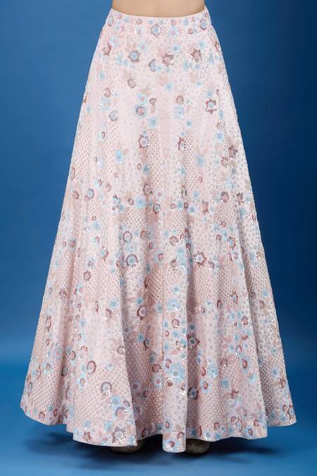 Buy_Samyukta Singhania_Pink Silk, Net Sequins, Stones Notched Neck Work Lehenga Set_Online_at_Aza_Fashions