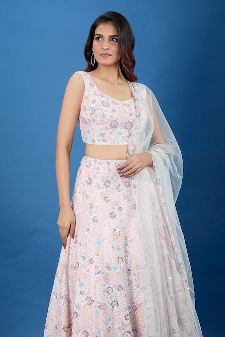 Samyukta Singhania_Pink Silk, Net Sequins, Stones Notched Neck Work Lehenga Set_at_Aza_Fashions