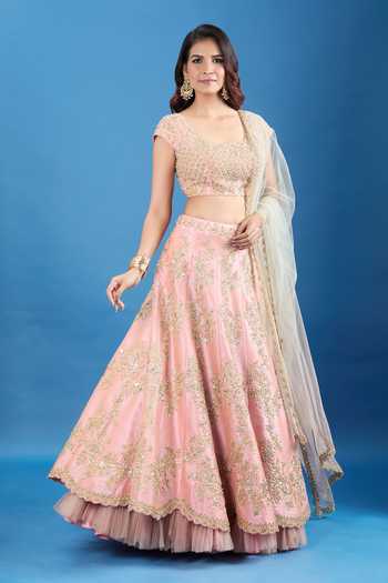 Buy_Samyukta Singhania_Pink Silk, Net Zari, Pearls, Sequins Round Neck Embroidered Lehenga Set _Online_at_Aza_Fashions