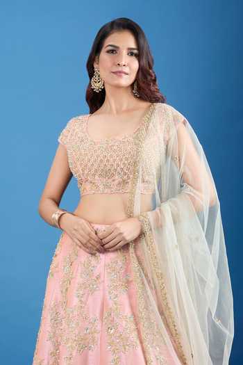 Shop_Samyukta Singhania_Pink Silk, Net Zari, Pearls, Sequins Round Neck Embroidered Lehenga Set _Online_at_Aza_Fashions