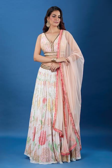 Samyukta Singhania_Off White Georgette, Net Sequins, Embroidery V-neck Resham Lehenga Set _Online_at_Aza_Fashions