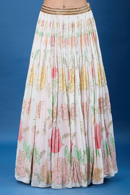 Buy_Samyukta Singhania_Off White Georgette, Net Sequins, Embroidery V-neck Resham Lehenga Set _Online_at_Aza_Fashions