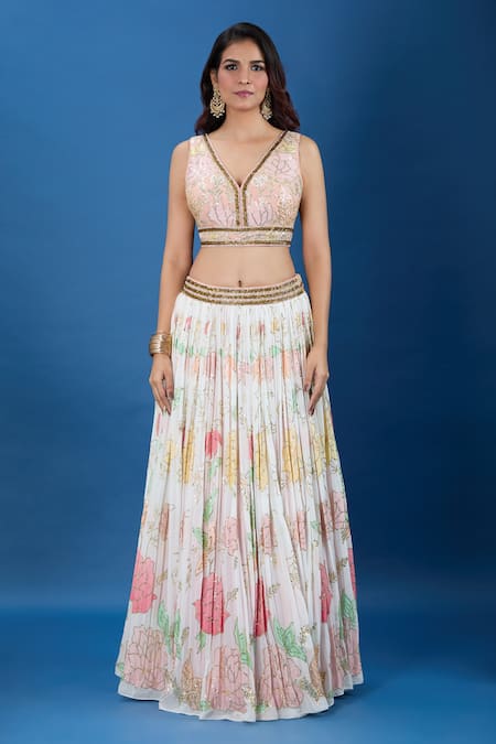 Shop_Samyukta Singhania_Off White Georgette, Net Sequins, Embroidery V-neck Resham Lehenga Set _Online_at_Aza_Fashions