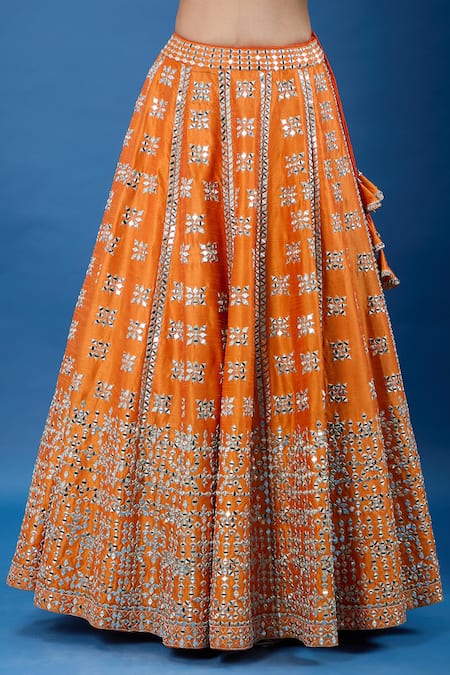 Samyukta Singhania_Rust Silk, Net Mirrors, Embroidery V-neck Lehenga Set _Online_at_Aza_Fashions