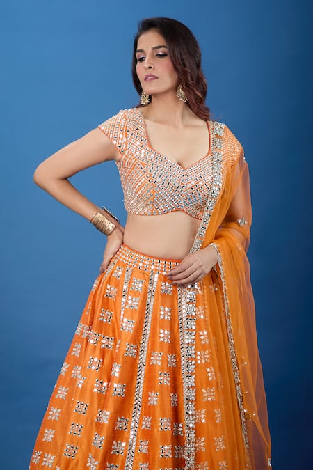 Buy_Samyukta Singhania_Rust Silk, Net Mirrors, Embroidery V-neck Lehenga Set _Online_at_Aza_Fashions