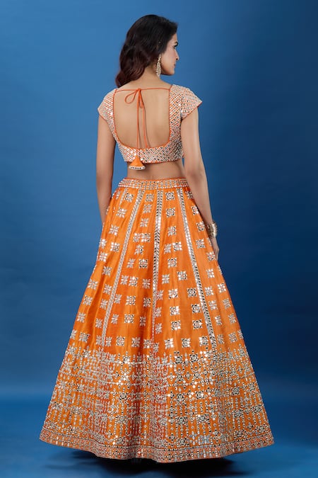 Shop_Samyukta Singhania_Rust Silk, Net Mirrors, Embroidery V-neck Lehenga Set _at_Aza_Fashions