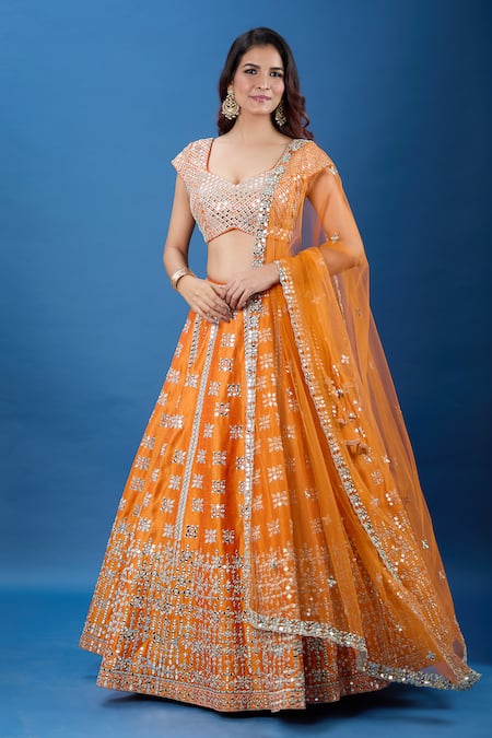 Shop_Samyukta Singhania_Rust Silk, Net Mirrors, Embroidery V-neck Lehenga Set _Online_at_Aza_Fashions