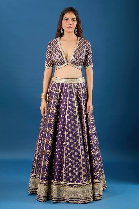 Buy Samyukta Singhania Purple Brocade, Organza Sequins, Foil Printing Plunge Neck Lehenga Set Online at Aza Fashions Buy_Samyukta Singhania_Purple Brocade, Organza Sequins, Foil Printing Plunge Neck Lehenga Set _Online_at_Aza_Fashions