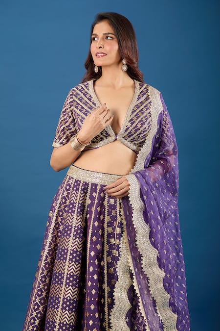 Shop Samyukta Singhania Purple Brocade, Organza Sequins, Foil Printing Plunge Neck Lehenga Set Online at Aza Fashions Shop_Samyukta Singhania_Purple Brocade, Organza Sequins, Foil Printing Plunge Neck Lehenga Set _Online_at_Aza_Fashions