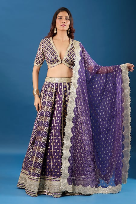 Samyukta Singhania Purple Brocade, Organza Sequins, Foil Printing Plunge Neck Lehenga Set at Aza Fashions Samyukta Singhania_Purple Brocade, Organza Sequins, Foil Printing Plunge Neck Lehenga Set _at_Aza_Fashions
