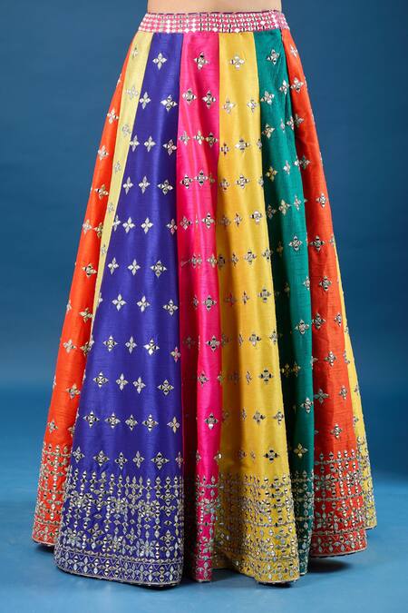 Buy_Samyukta Singhania_Multi Color Silk, Net Mirrors, Embroidery Round Neck Colorblock Lehenga Set_Online_at_Aza_Fashions