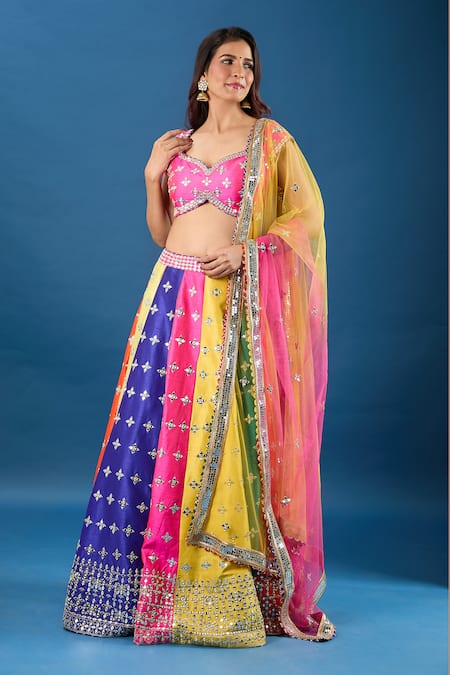 Samyukta Singhania_Multi Color Silk, Net Mirrors, Embroidery Round Neck Colorblock Lehenga Set_at_Aza_Fashions