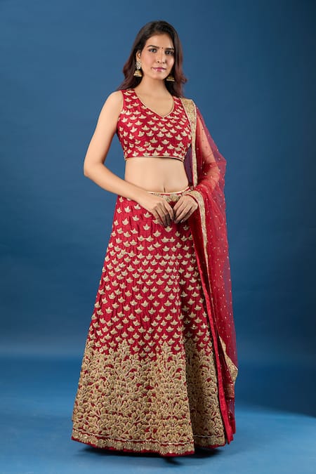 Buy_Samyukta Singhania_Maroon Silk, Net Zari, Sequins Round Neck Embroidered Lehenga Set_Online_at_Aza_Fashions