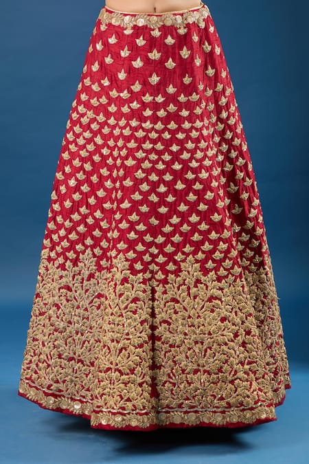 Shop_Samyukta Singhania_Maroon Silk, Net Zari, Sequins Round Neck Embroidered Lehenga Set_Online_at_Aza_Fashions