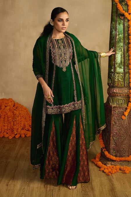 Reeti Arneja - Theklub Green Handloom Cotton, Silk, Organza Embroidery Forest Paan Patola Gharara Set 