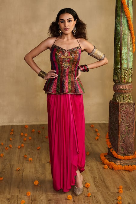 Reeti Arneja - Theklub Rani Pink Corset Drape Skirt Set 