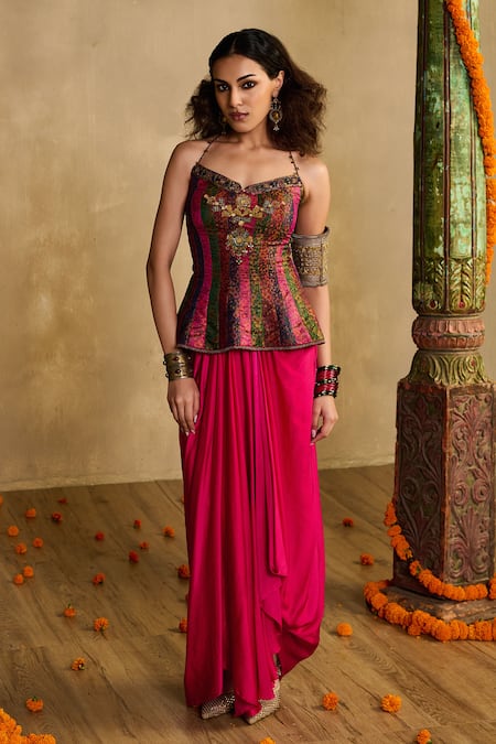 Reeti Arneja - Theklub Pink Handloom Cotton, Silk, Modal, Satin Embroidery Rani Corset Drape Skirt Set