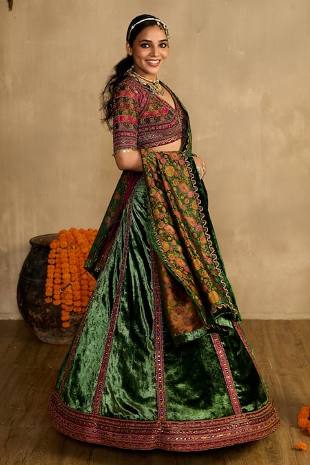 Reeti Arneja - Theklub_Green Silk, Velvet, Handloom Cotton Embroidery, Haryali Haze Lehenga Set  _Online_at_Aza_Fashions