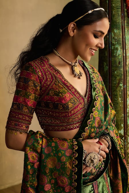 Buy_Reeti Arneja - Theklub_Green Silk, Velvet, Handloom Cotton Embroidery, Haryali Haze Lehenga Set  _Online_at_Aza_Fashions