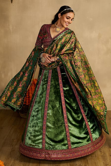 Shop_Reeti Arneja - Theklub_Green Silk, Velvet, Handloom Cotton Embroidery, Haryali Haze Lehenga Set  _Online_at_Aza_Fashions