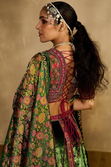 Reeti Arneja - Theklub_Green Silk, Velvet, Handloom Cotton Embroidery, Haryali Haze Lehenga Set  _at_Aza_Fashions