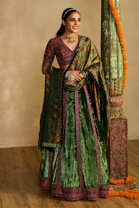 Reeti Arneja - Theklub Green Silk, Velvet, Handloom Cotton Embroidery, Haryali Haze Lehenga Set  