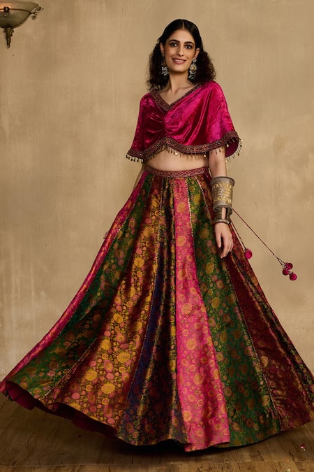 Reeti Arneja - Theklub Pink Handloom Cotton, Silk Beads, Tassels Rani Rouze Floral Pattern Lehenga Set 