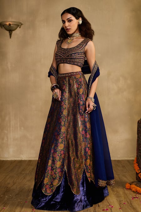 Reeti Arneja - Theklub Navy Silk, Handloom Cotton, Velvet, Neel Tara Midnight Blue Boho Lehenga Set