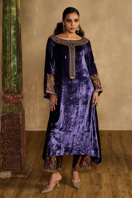 Reeti Arneja - Theklub Blue Velvet, Silk, Cotton Embroidery, Beads, Patchwork, Neel Banjara Kurta Set 