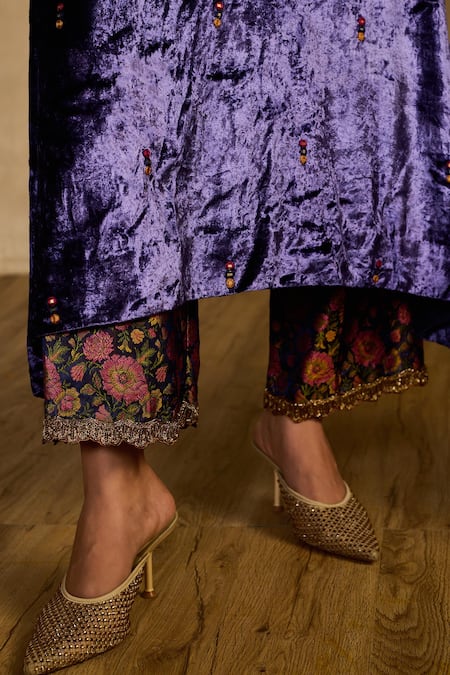 Reeti Arneja - Theklub_Blue Velvet, Silk, Cotton Embroidery, Beads, Patchwork, Neel Banjara Kurta Set _Online_at_Aza_Fashions