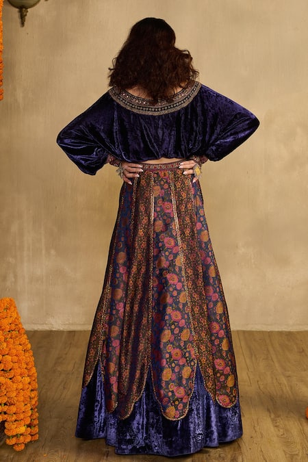 Reeti Arneja - Theklub Midnight Blue Velvet Dusk Lehenga Set 