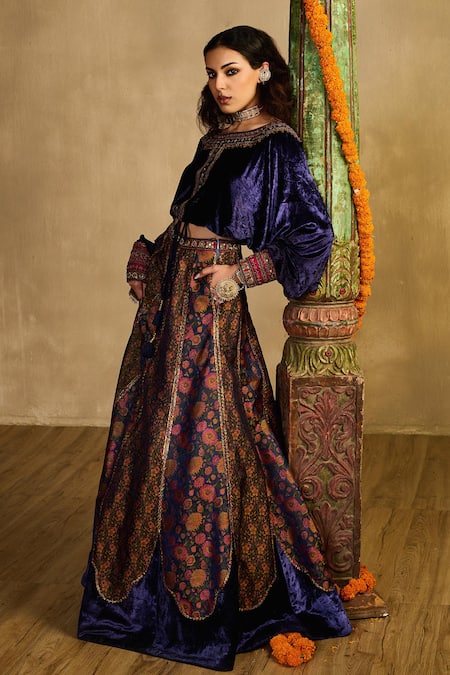 Reeti Arneja - Theklub Blue Velvet, Silk, Handloom Cotton Embroidery, Midnight Dusk Lehenga Set 