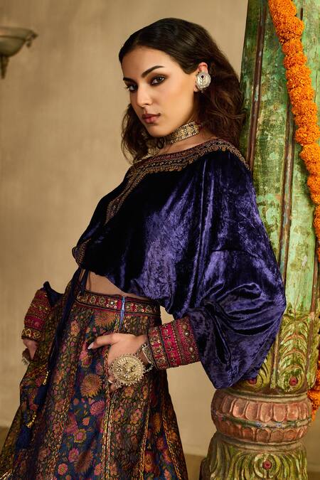 Reeti Arneja - Theklub_Blue Velvet, Silk, Handloom Cotton Embroidery, Midnight Dusk Lehenga Set _Online_at_Aza_Fashions