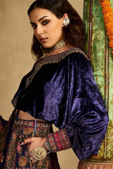 Buy_Reeti Arneja - Theklub_Blue Velvet, Silk, Handloom Cotton Embroidery, Midnight Dusk Lehenga Set _Online_at_Aza_Fashions