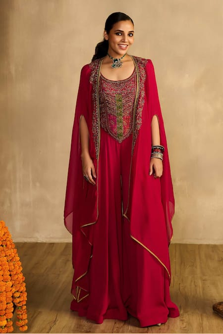 Reeti Arneja - Theklub Pink Georgette Applique, Embroidery Scoop Neck, Open Rani Jumpsuit With Cape 