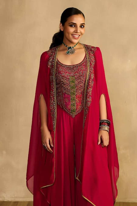 Reeti Arneja - Theklub_Pink Georgette Applique, Embroidery Scoop Neck, Open Rani Jumpsuit With Cape _Online_at_Aza_Fashions