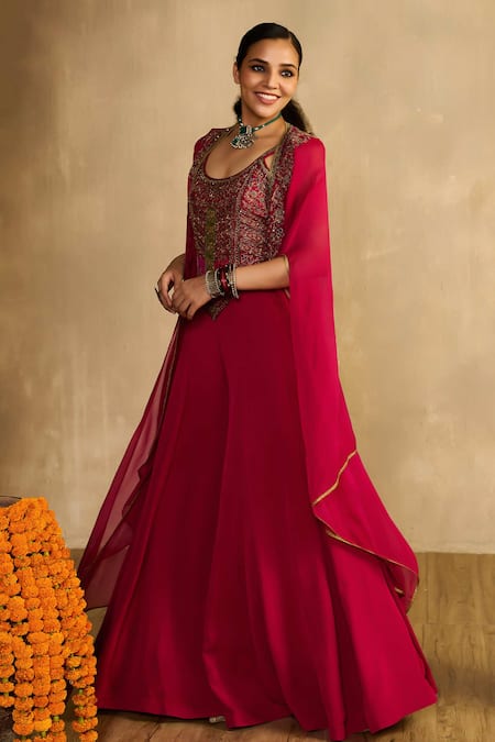 Buy_Reeti Arneja - Theklub_Pink Georgette Applique, Embroidery Scoop Neck, Open Rani Jumpsuit With Cape _Online_at_Aza_Fashions