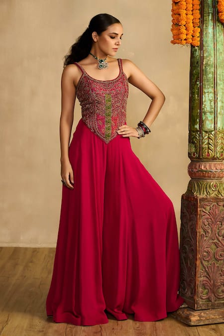 Shop_Reeti Arneja - Theklub_Pink Georgette Applique, Embroidery Scoop Neck, Open Rani Jumpsuit With Cape _Online_at_Aza_Fashions