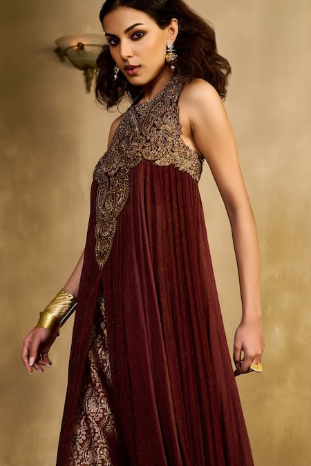 Reeti Arneja - Theklub_Maroon Handloom Cotton, Silk Embroidery, Zari Halter Zardozi Kurta With Pant _Online_at_Aza_Fashions