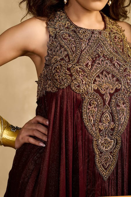 Shop_Reeti Arneja - Theklub_Maroon Handloom Cotton, Silk Embroidery, Zari Halter Zardozi Kurta With Pant _Online_at_Aza_Fashions
