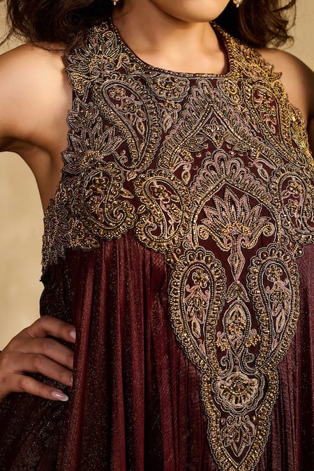 Reeti Arneja - Theklub_Maroon Handloom Cotton, Silk Embroidery, Zari Halter Zardozi Kurta With Pant _at_Aza_Fashions