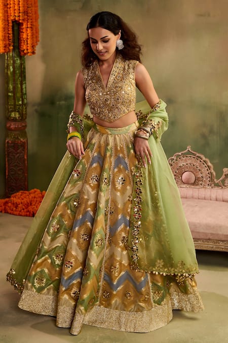 Reeti Arneja - Theklub Multi Color Chanderi, Brocade, Rangrez Green Geometric Pattern Lehenga Set