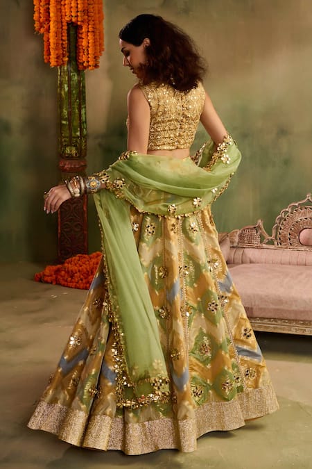 Reeti Arneja - Theklub Rangrez Green Geometric Pattern Lehenga Set 