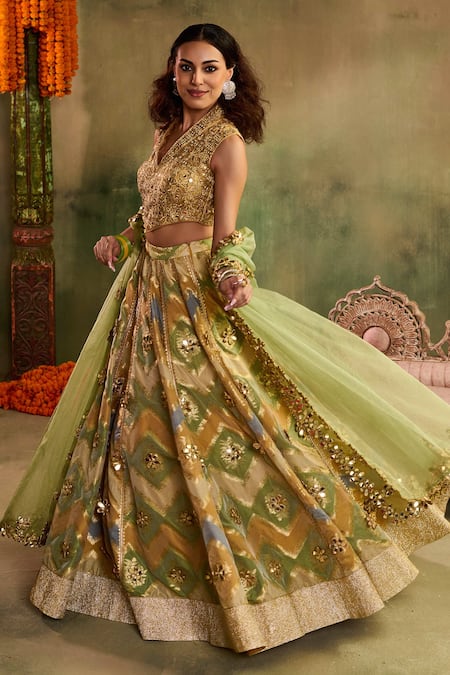 Shop_Reeti Arneja - Theklub_Multi Color Chanderi, Brocade, Rangrez Green Geometric Pattern Lehenga Set _Online_at_Aza_Fashions