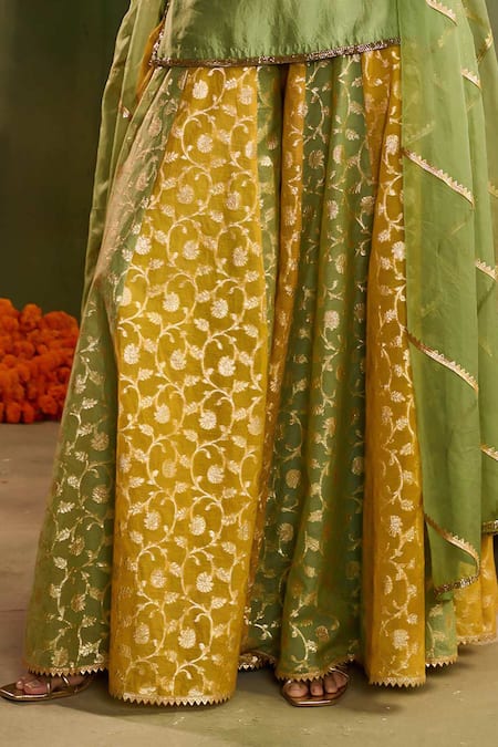Reeti Arneja - Theklub_Green Silk, Chanderi, Organza Applique, Embroidery, Rangrez Kurta Sharara Set _Online_at_Aza_Fashions