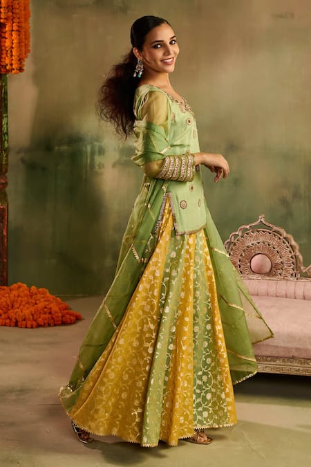 Buy_Reeti Arneja - Theklub_Green Silk, Chanderi, Organza Applique, Embroidery, Rangrez Kurta Sharara Set _Online_at_Aza_Fashions