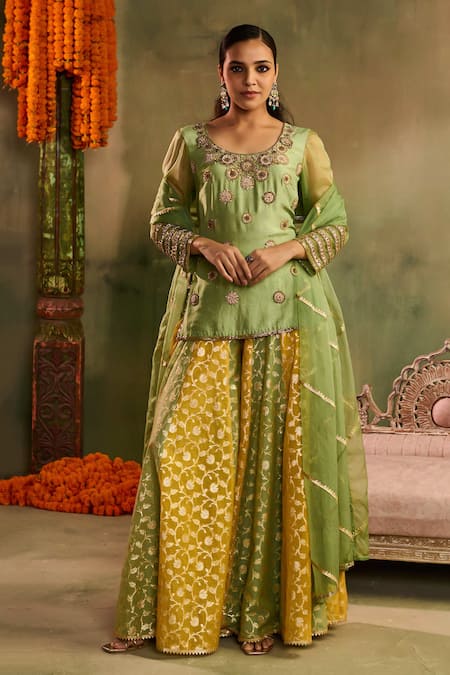 Reeti Arneja - Theklub Green Silk, Chanderi, Organza Applique, Embroidery, Rangrez Kurta Sharara Set 