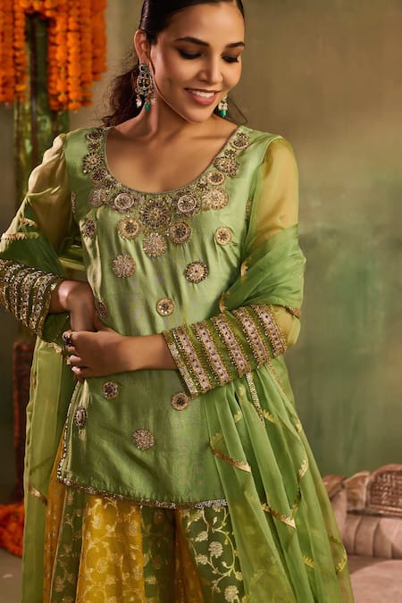 Shop_Reeti Arneja - Theklub_Green Silk, Chanderi, Organza Applique, Embroidery, Rangrez Kurta Sharara Set _Online_at_Aza_Fashions