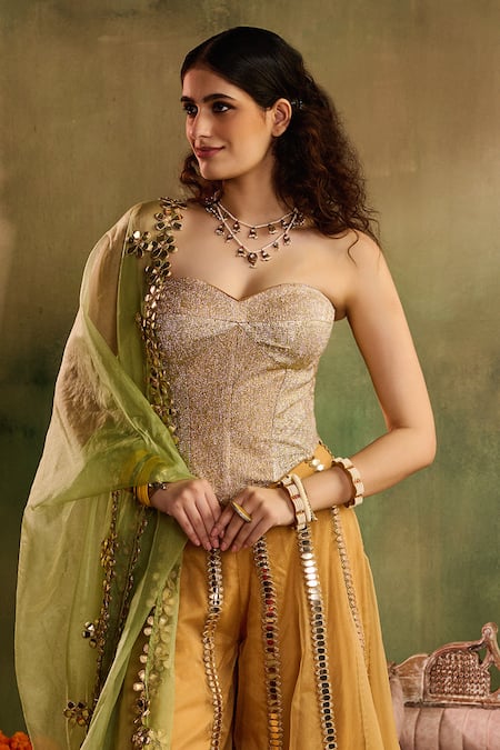 Reeti Arneja - Theklub_Yellow Organza, Brocade, Chanderi Sequins, Chamkeeli Haldi Corset And Sharara Set _Online_at_Aza_Fashions