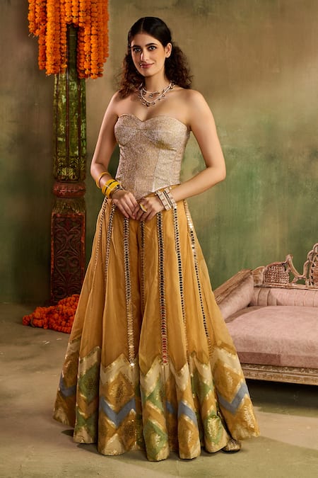 Buy_Reeti Arneja - Theklub_Yellow Organza, Brocade, Chanderi Sequins, Chamkeeli Haldi Corset And Sharara Set _Online_at_Aza_Fashions